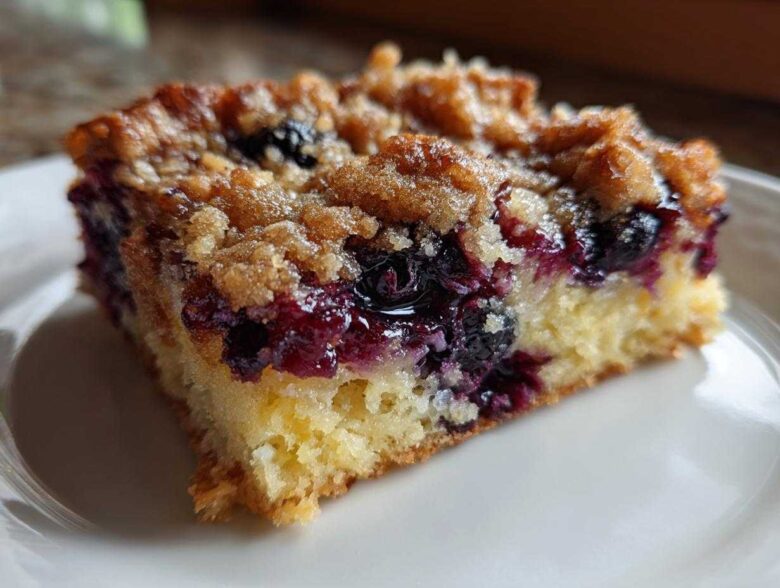 Close-up of a moist square slice of Easy Sheet Pan Blueberry Streusel Pancake with juicy berries and crumb topping.