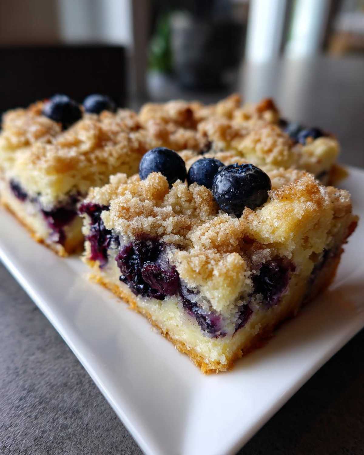 Close-up of a square serving of Easy Sheet Pan Blueberry Streusel Pancake topped with fresh blueberries and crumb topping.