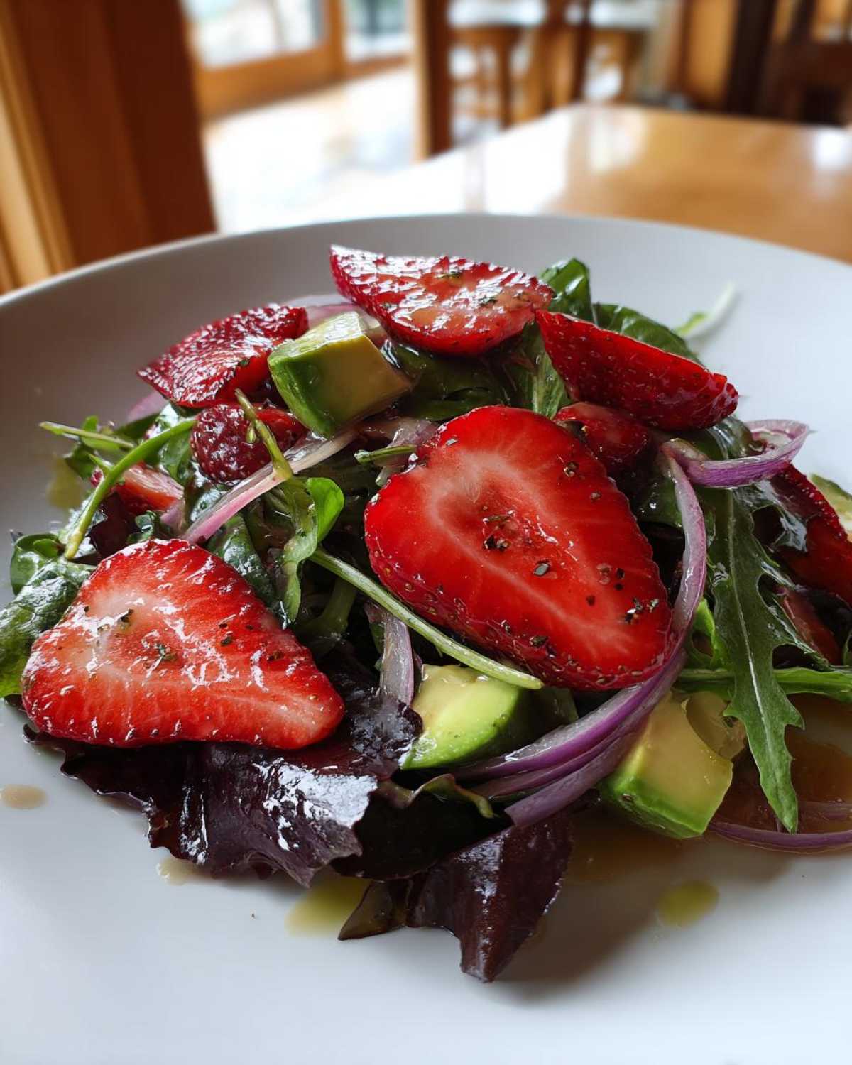 Close-up of a vibrant Easy Strawberry Avocado Salad featuring sliced strawberries, avocado chunks, red onion, and mixed greens.