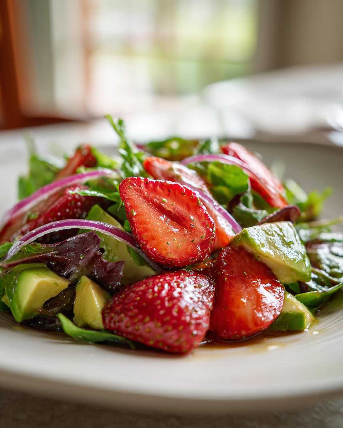 A close-up of the Easy Strawberry Avocado Salad featuring sliced strawberries, avocado chunks, red onion, and greens coated in dressing.