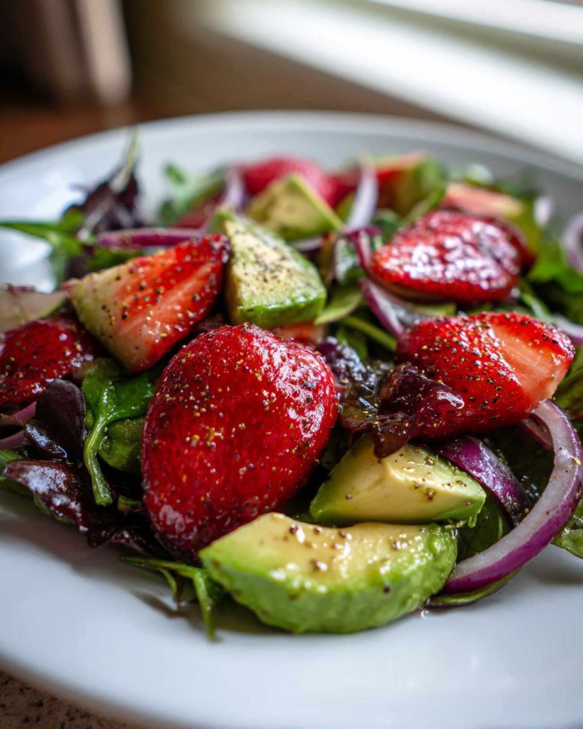 Close-up of a vibrant Easy Strawberry Avocado Salad featuring sliced strawberries, avocado chunks, red onion, and mixed greens.