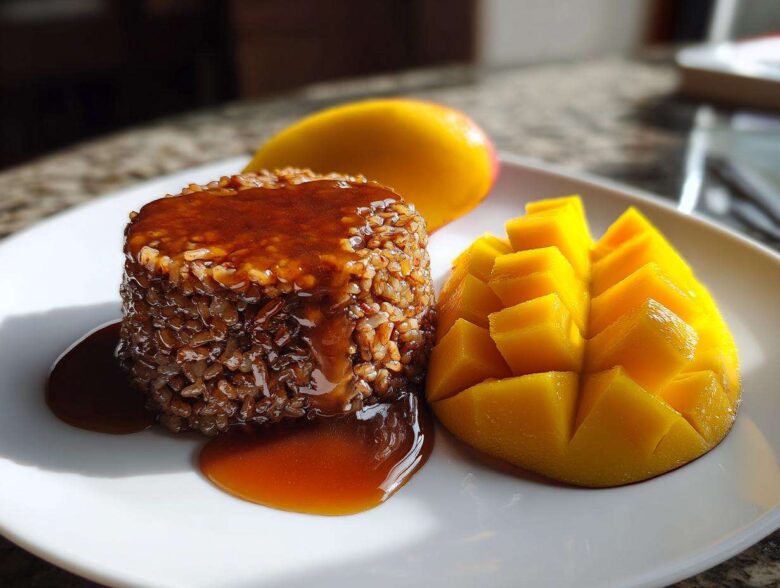 A molded serving of sticky rice topped with rich brown sauce, served next to a beautifully sliced mango, representing mango sticky rice.