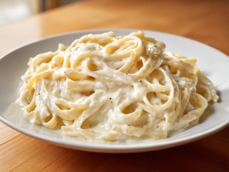 Close-up of fettuccine pasta generously coated in rich, white Creamy Alfredo Sauce, seasoned with black pepper.