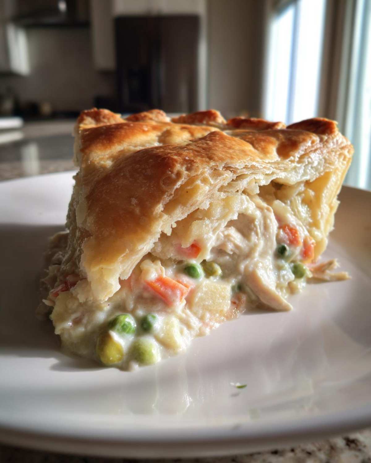 Close-up of a generous slice of chicken pot pie recipe showing flaky crust and creamy filling with chicken, peas, and carrots.