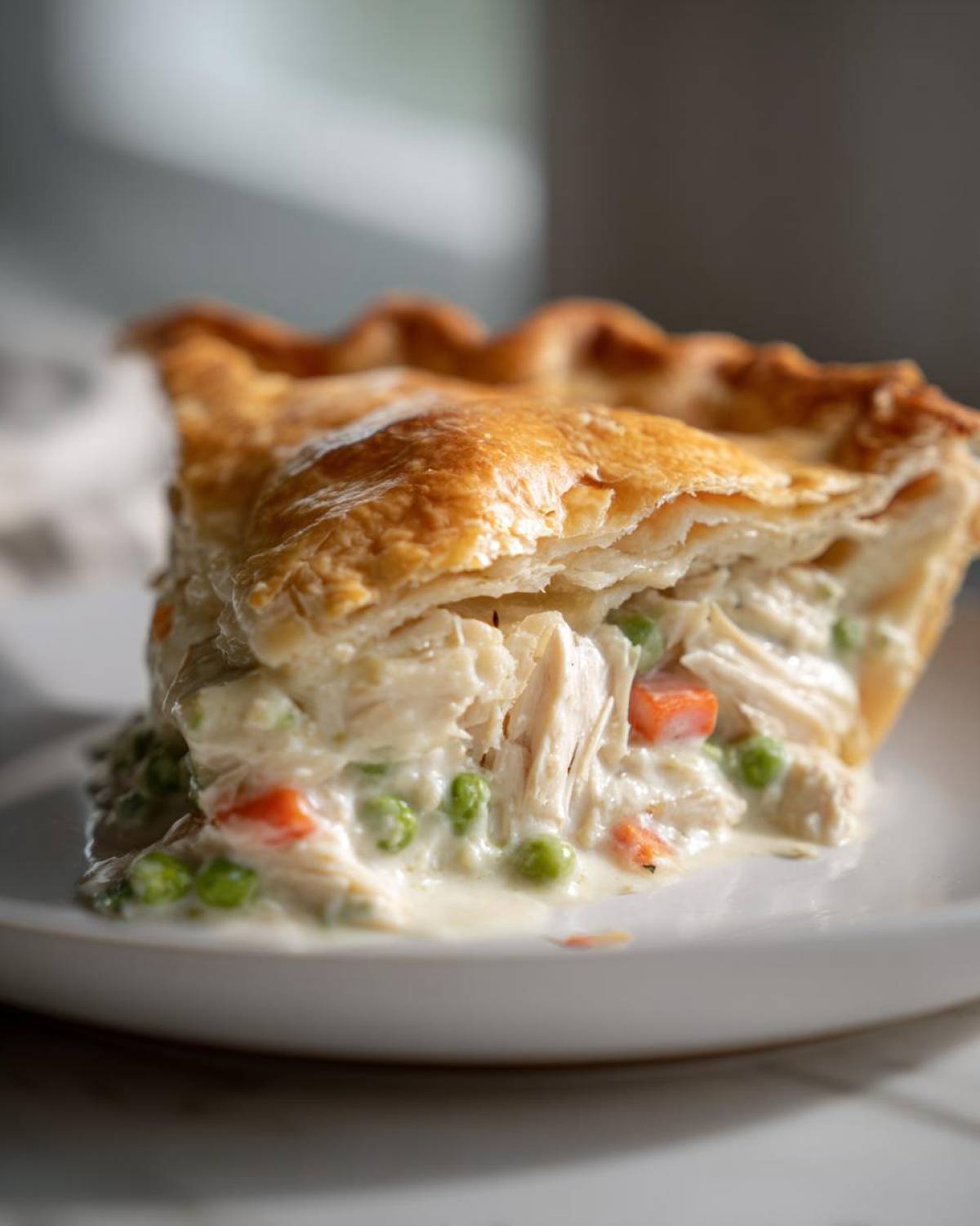 Close-up of a slice of chicken pot pie recipe showing flaky crust and creamy filling with shredded chicken, peas, and carrots.