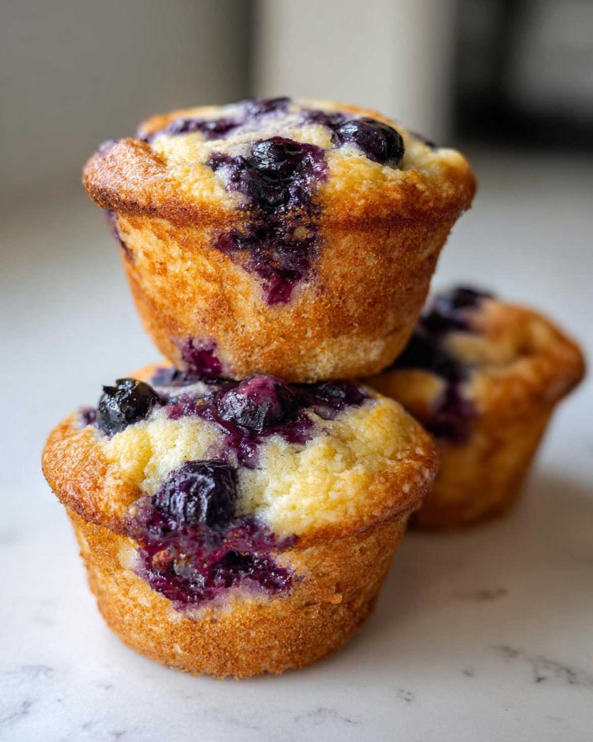 Close-up of three golden-brown blueberry cottage cheese muffins stacked on a white marble surface.