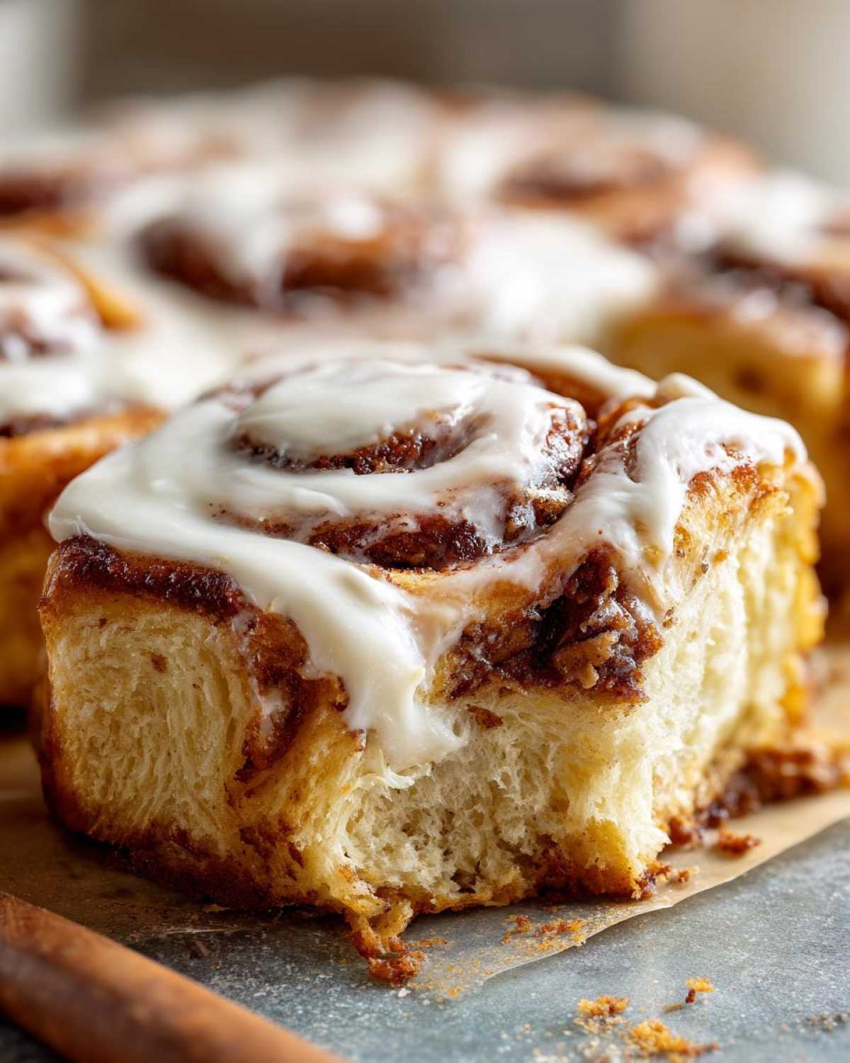 A close-up of a soft, fluffy piece of cinnamon roll cake topped with thick white icing.