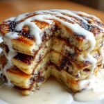 A tall stack of fluffy cinnamon roll pancakes cut open to show the swirl, drizzled heavily with white icing.