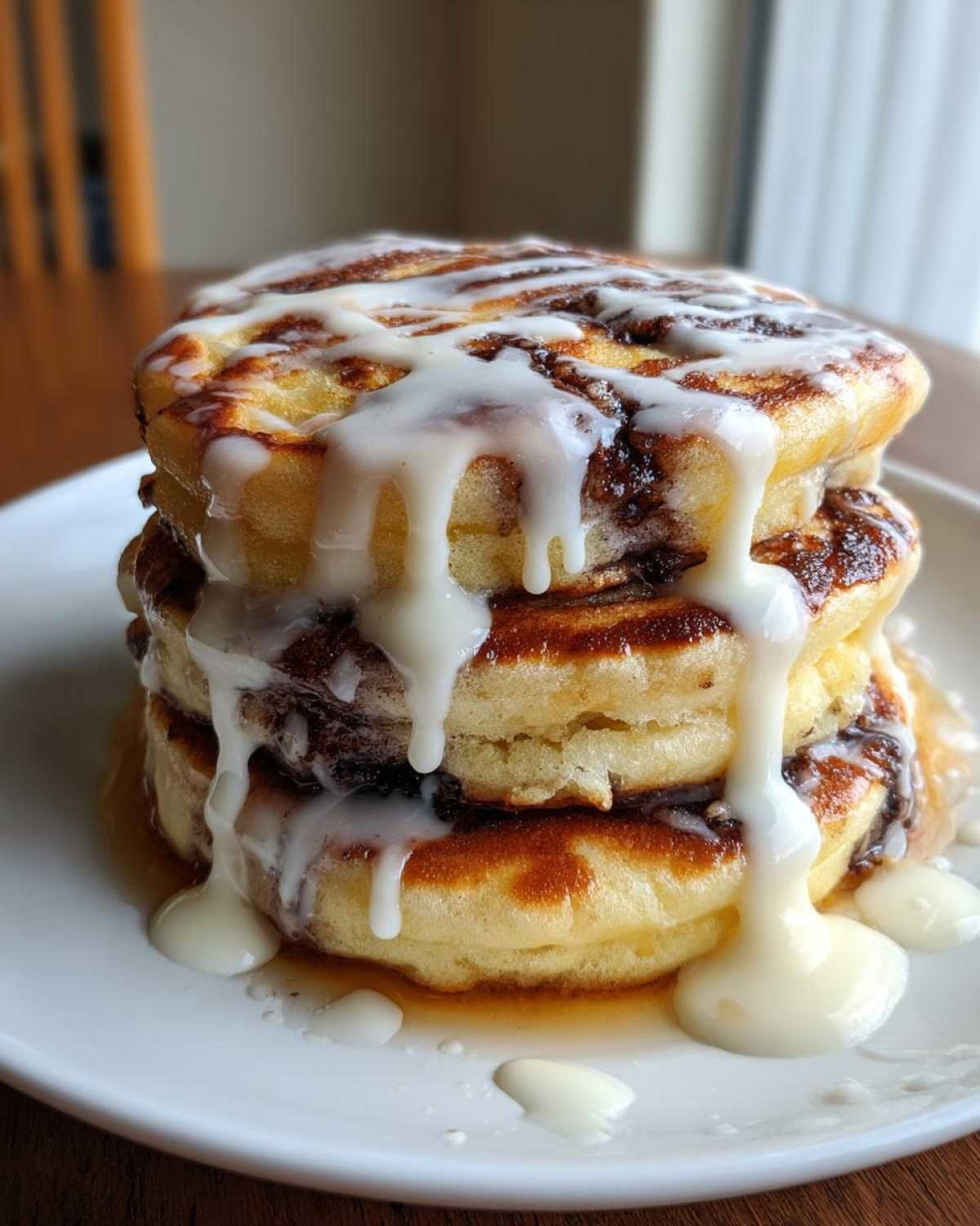 Close-up of a tall stack of fluffy Cinnamon Roll Pancakes topped with thick white icing drizzle.