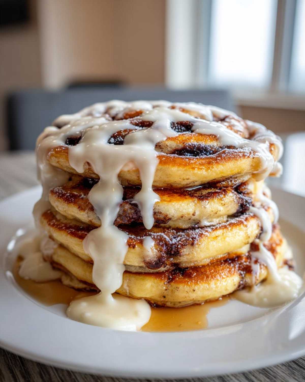 A tall stack of fluffy Cinnamon Roll Pancakes topped with thick white icing dripping down the sides.
