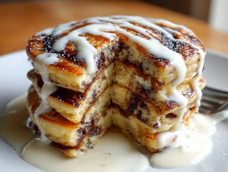 A tall stack of fluffy cinnamon roll pancakes cut open to show the swirl, drizzled heavily with white icing.