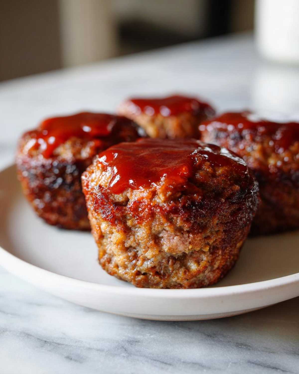 Four perfectly baked mini meatloaf portions topped with sweet ketchup glaze, resting on a white plate.