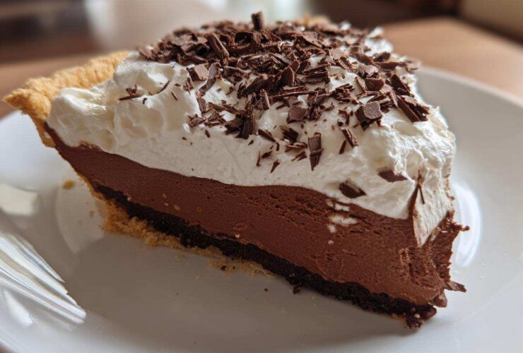 A close-up of a decadent slice of french silk pie featuring a dark chocolate filling, whipped cream, and chocolate shavings.