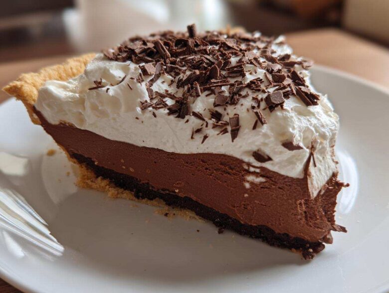 A close-up of a decadent slice of french silk pie featuring a dark chocolate filling, whipped cream, and chocolate shavings.