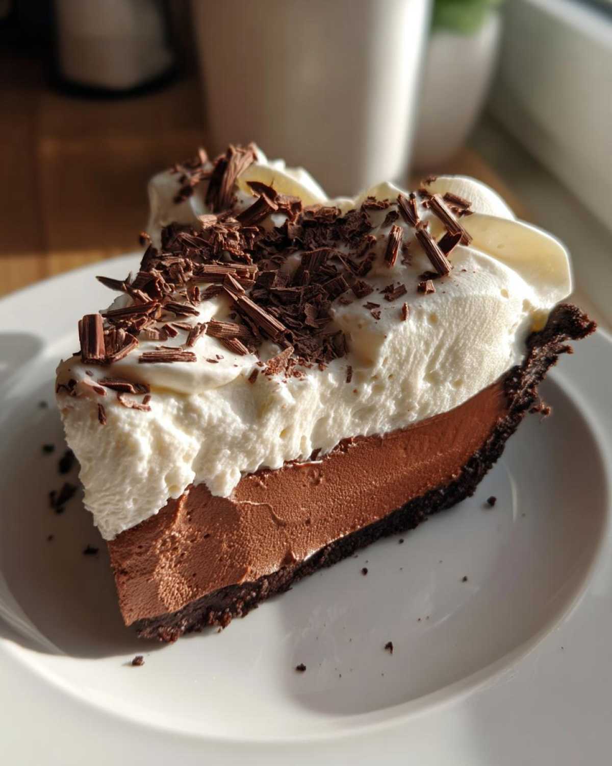 A decadent slice of french silk pie featuring a chocolate crust, rich chocolate filling, and topped with whipped cream and chocolate shavings.