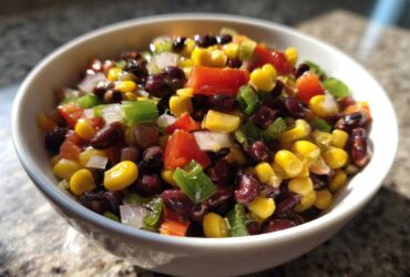 Close-up of a white bowl filled with vibrant cowboy caviar recipe featuring black beans, corn, tomatoes, and peppers.
