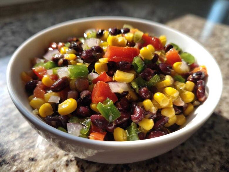 Close-up of a white bowl filled with vibrant cowboy caviar recipe featuring black beans, corn, tomatoes, and peppers.
