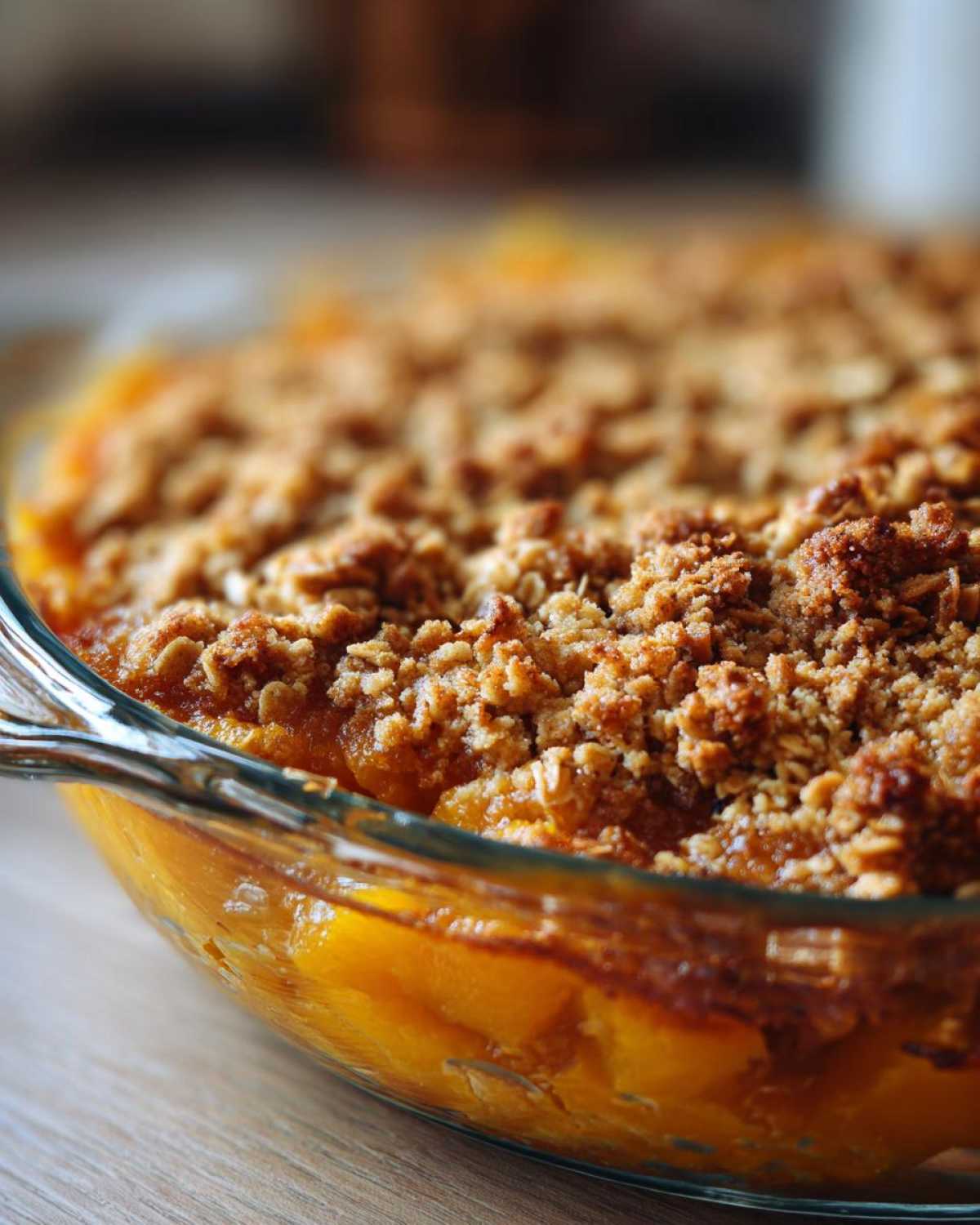 Close-up of a bubbling, golden-brown pumpkin crisp with an oat topping in a clear glass baking dish.