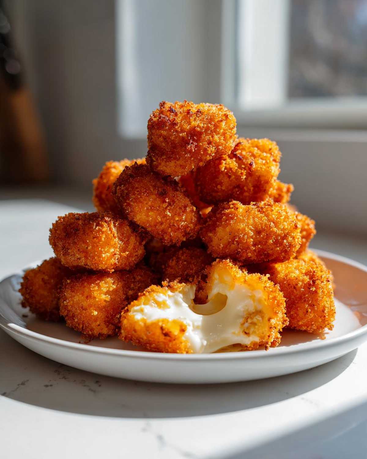 A tall stack of crispy, golden Fried Cheese Curds on a white plate, with one curd broken open showing the melted, gooey cheese inside.