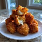 A pile of golden brown Fried Cheese Curds on a white plate, with one broken open showing the melted cheese inside.