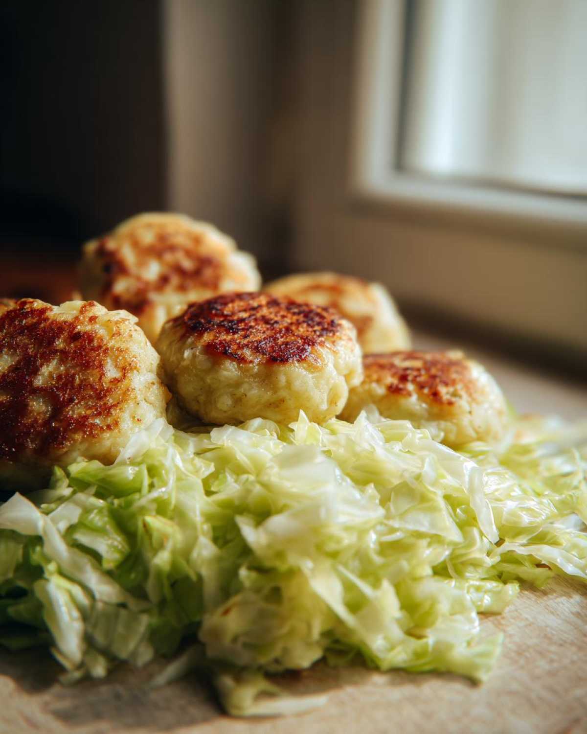 Close-up of pan-fried German Dumplings With Buttered Cabbage served on a wooden board.