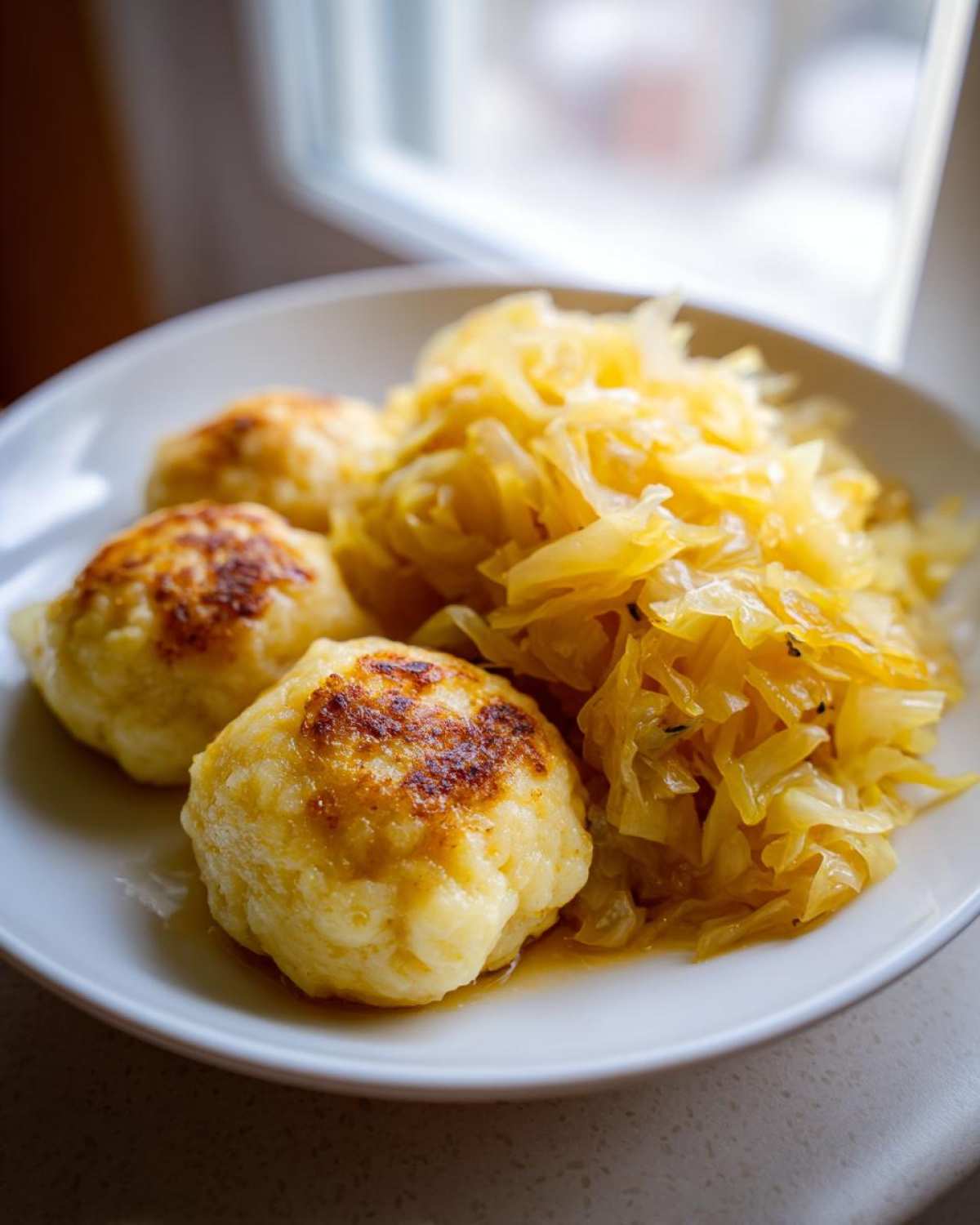 Three golden-brown pan-fried German dumplings served next to a mound of buttery, sautéed cabbage.