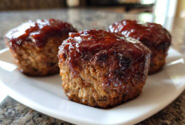 Close-up of three perfectly portioned mini meatloaf items topped with a thick, shiny barbecue glaze, resting on a white plate.