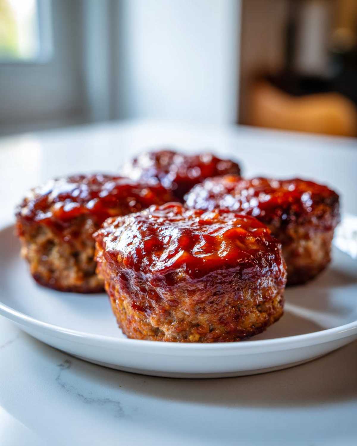 Four perfectly portioned mini meatloaf servings topped with a thick, shiny barbecue glaze, resting on a white plate.