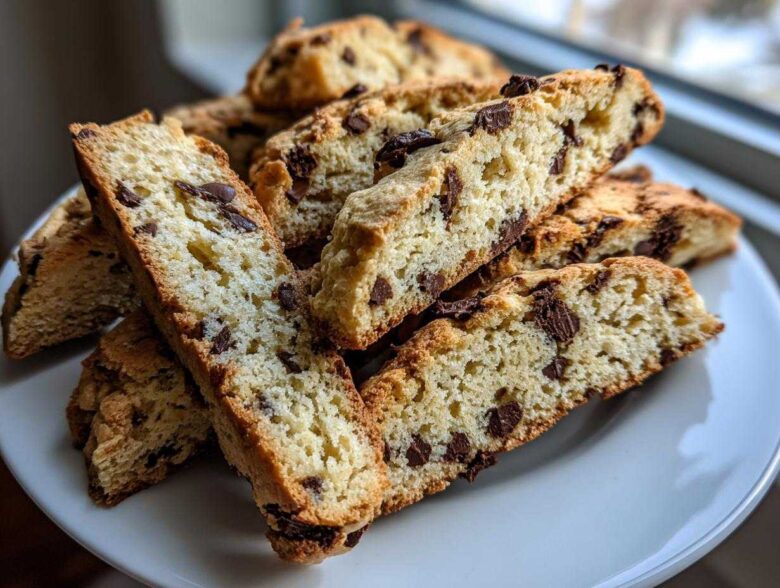 Close-up of several slices of golden Gluten-Free Chocolate Chip Biscotti stacked on a white plate.