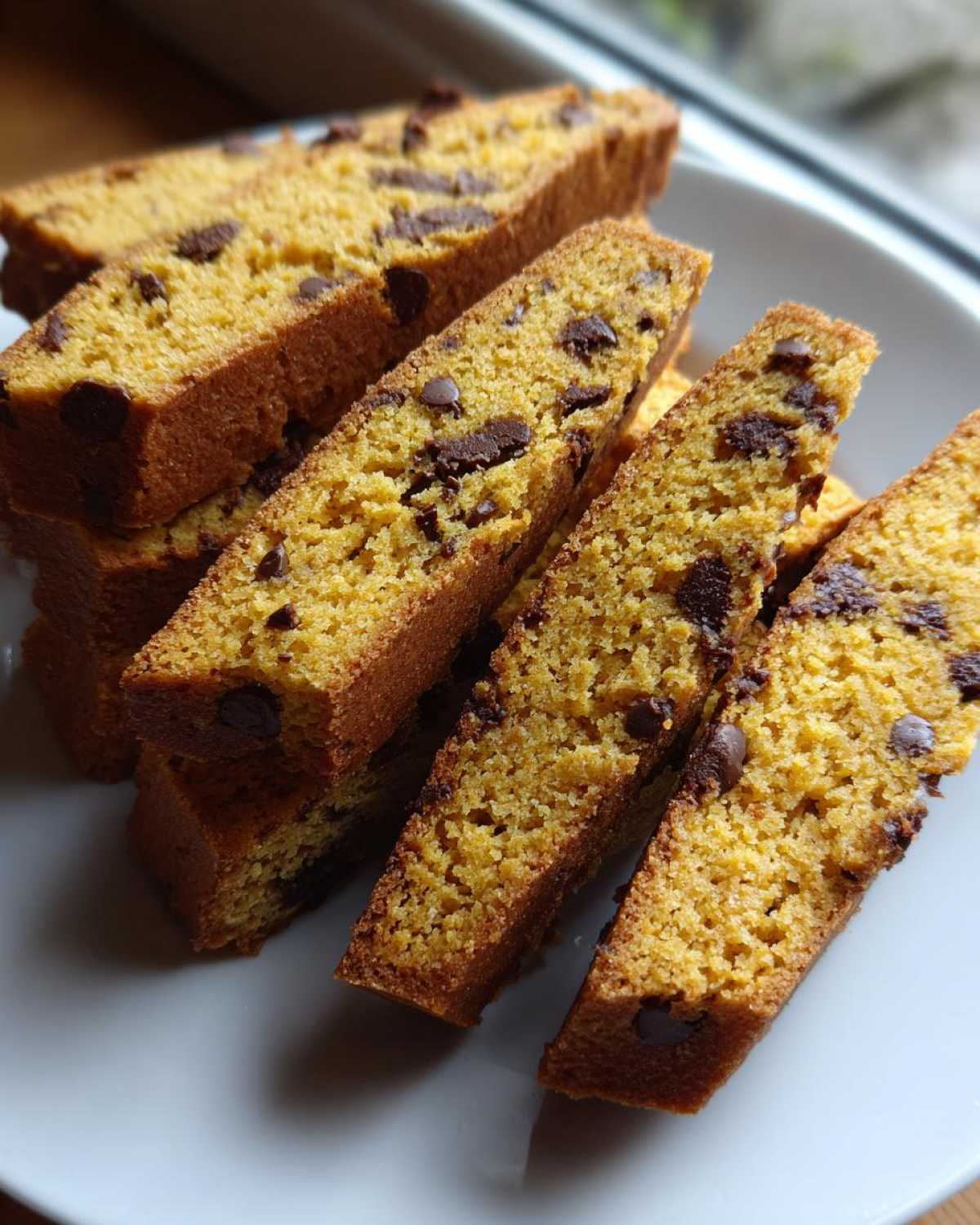 Close-up of several golden-brown slices of Gluten-Free Chocolate Chip Biscotti stacked on a white plate.