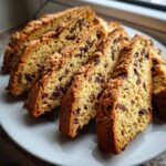 Several golden-brown slices of Gluten-Free Chocolate Chip Biscotti studded with mini chocolate chips, arranged on a light plate.