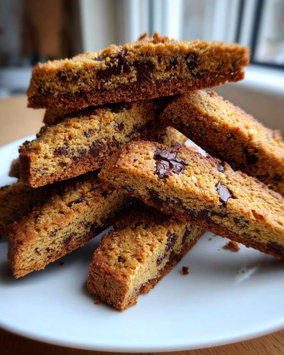 A close-up stack of golden brown Gluten-Free Chocolate Chip Biscotti pieces loaded with melted chocolate chunks.