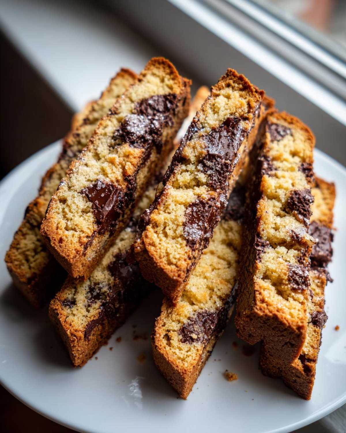 A close-up stack of golden-brown Gluten-Free Chocolate Chip Biscotti slices loaded with melted chocolate chunks on a white plate.