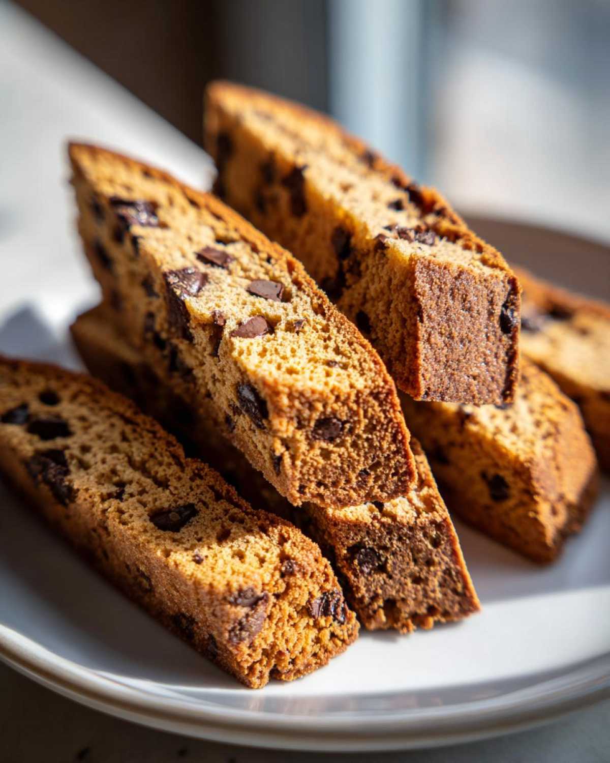 Close-up of several slices of golden brown Gluten-Free Chocolate Chip Biscotti stacked on a white plate.