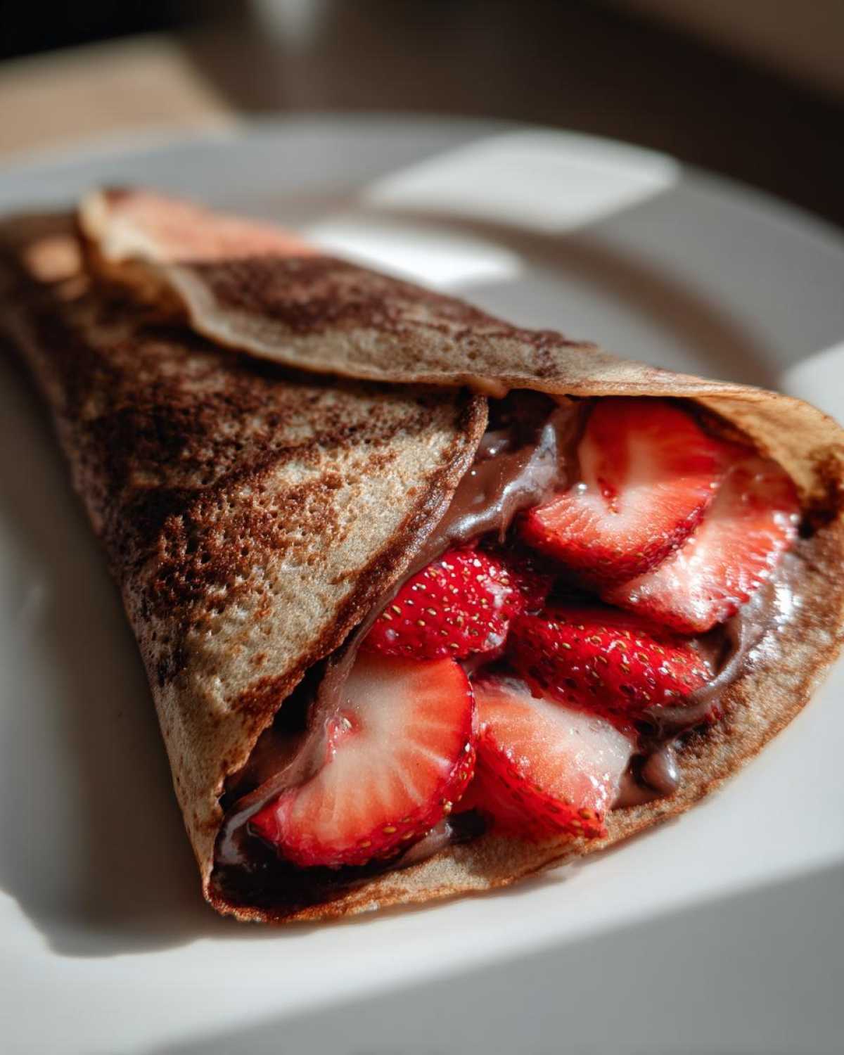 Close-up of a folded Gluten-Free Chocolate Strawberry Crepe filled with chocolate spread and fresh sliced strawberries.