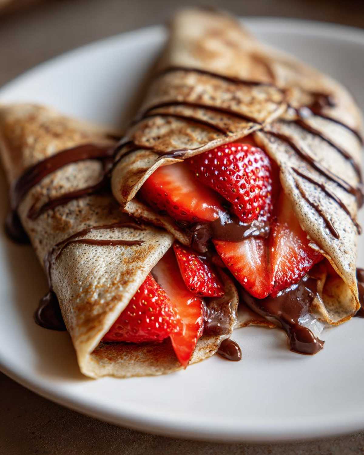 Two rolled Gluten-Free Chocolate Strawberry Crepes filled with fresh strawberries and drizzled with chocolate sauce.