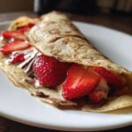 A folded Gluten-Free Chocolate Strawberry Crepes filled with fresh strawberries and chocolate spread on a white plate.