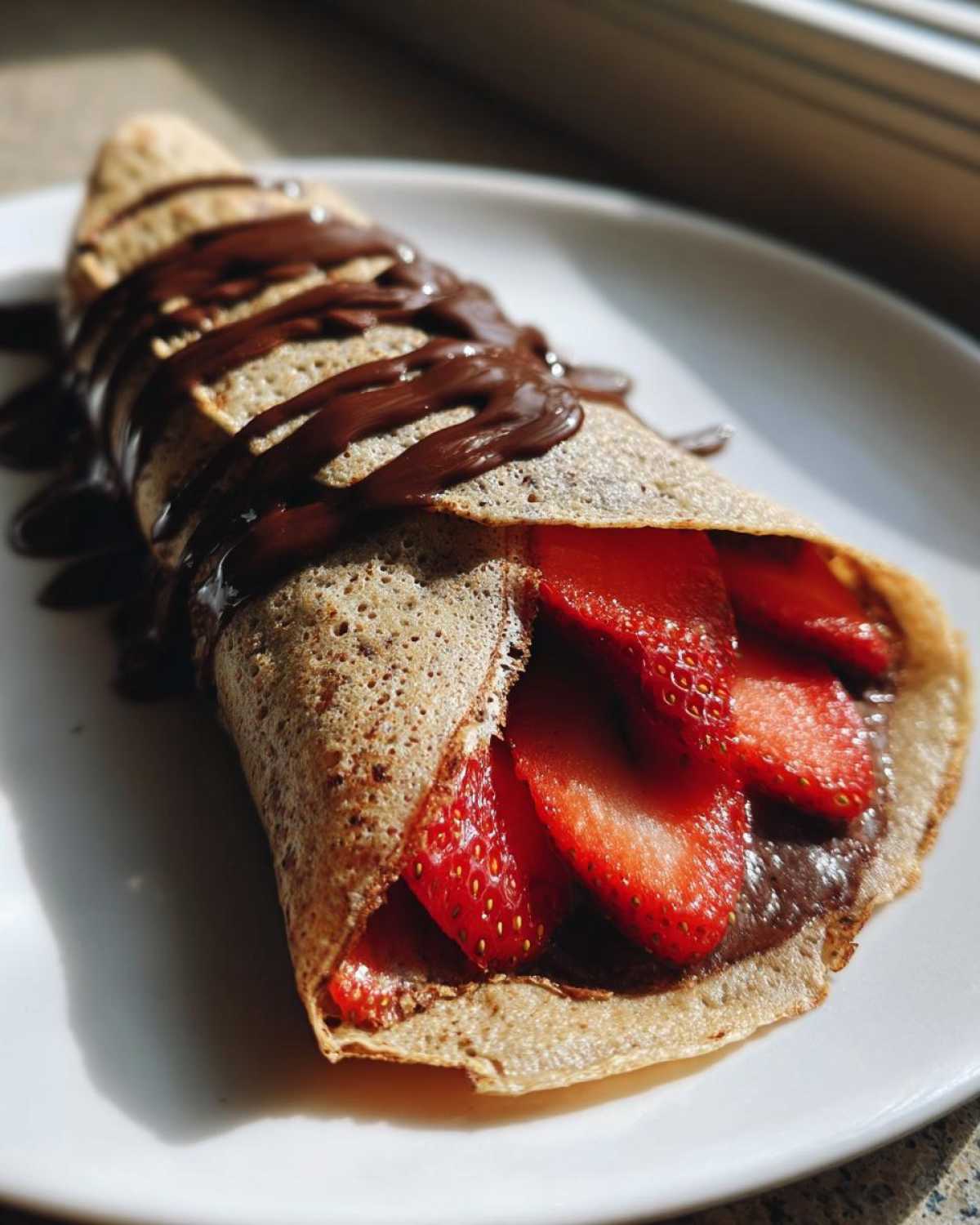 A rolled Gluten-Free Chocolate Strawberry Crepes filled with fresh strawberries and drizzled with chocolate sauce.