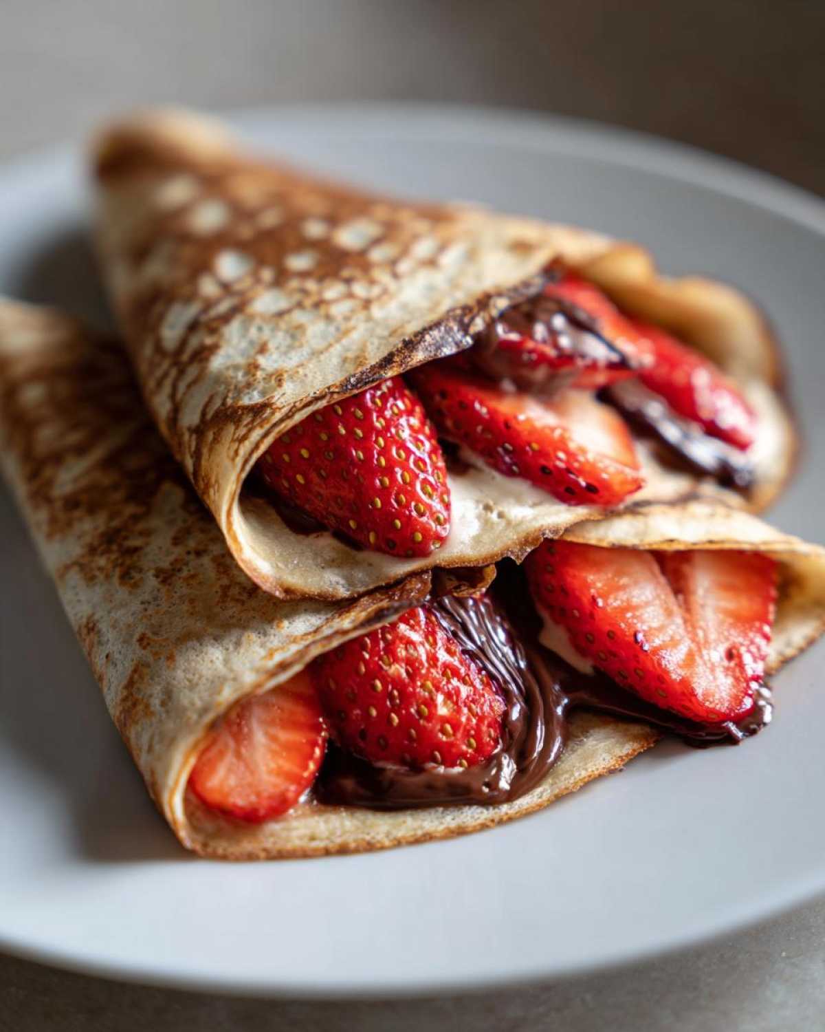 Two folded Gluten-Free Chocolate Strawberry Crepes filled with fresh strawberries and melted chocolate sauce on a white plate.