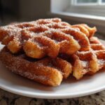 A stack of golden Gluten-Free Cinnamon Sugar Waffle Sticks heavily coated in sparkling cinnamon sugar on a white plate.