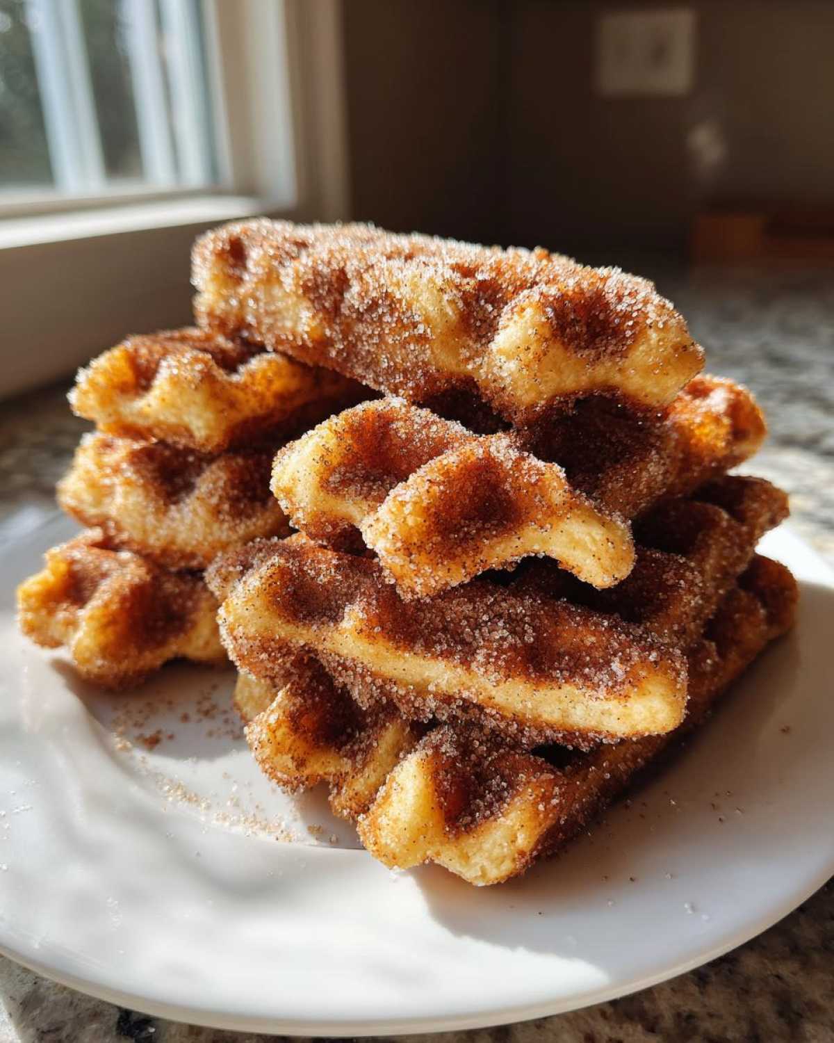 A tall stack of golden Gluten-Free Cinnamon Sugar Waffle Sticks heavily coated in cinnamon sugar, served on a white plate.
