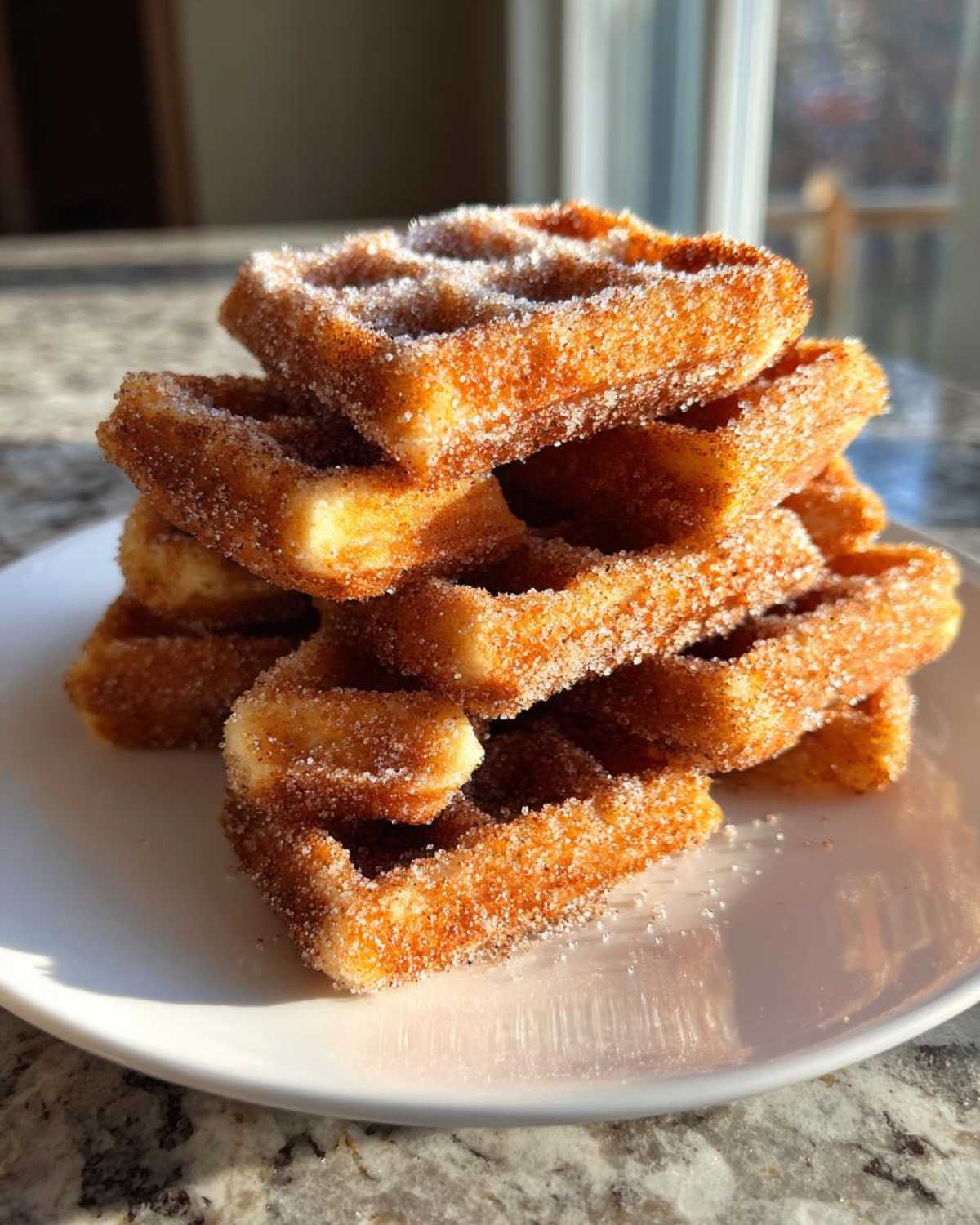 A stack of golden Gluten-Free Cinnamon Sugar Waffle Sticks heavily coated in cinnamon sugar, resting on a white plate.