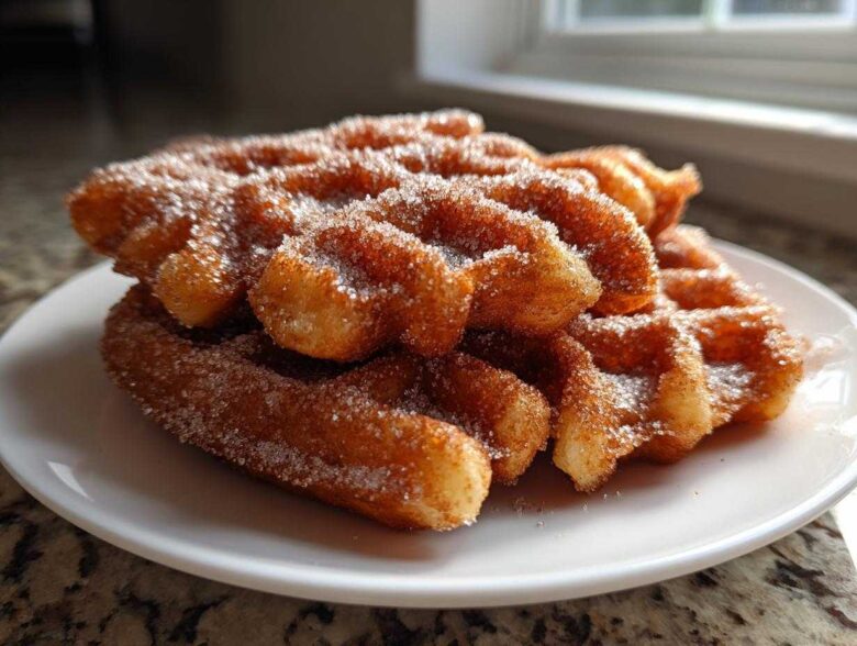 A stack of golden Gluten-Free Cinnamon Sugar Waffle Sticks heavily coated in sparkling cinnamon sugar on a white plate.