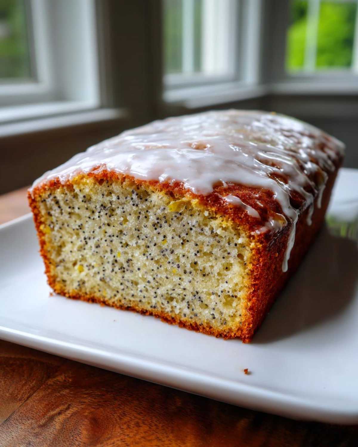 A sliced loaf of Gluten-Free Lemon Almond Poppy Seed Cake topped with white glaze.