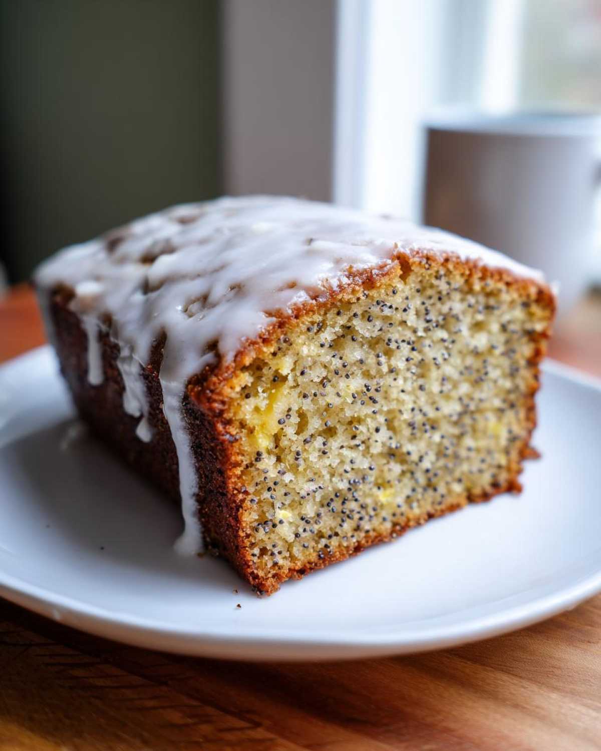 A close-up of a moist slice of Gluten-Free Lemon Almond Poppy Seed Cake topped with a thick white lemon glaze.