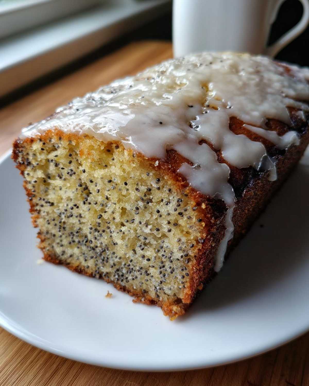 Close-up of a slice of Gluten-Free Lemon Almond Poppy Seed Cake, showing poppy seeds throughout the crumb and a thick lemon glaze topping.