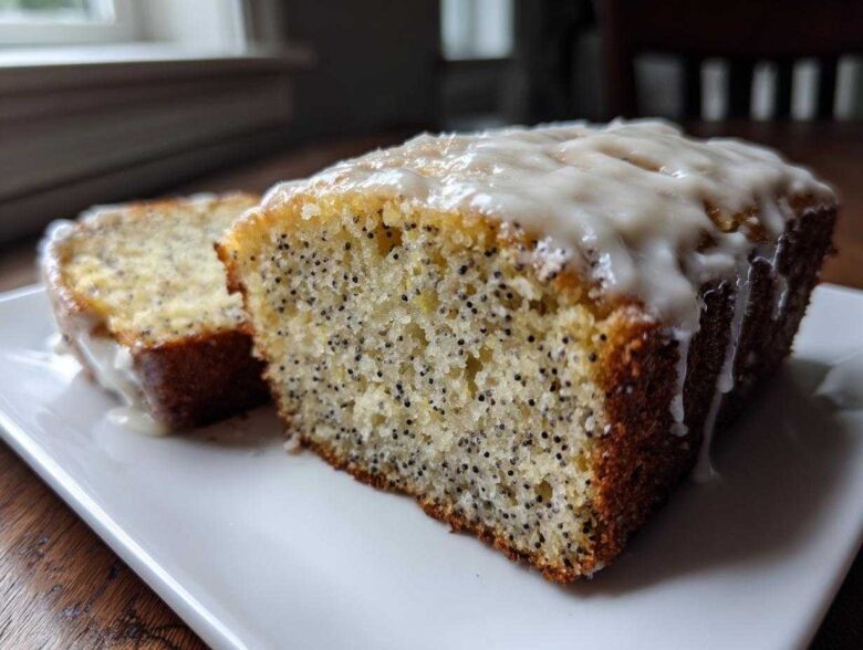 Close-up of two slices of moist Gluten-Free Lemon Almond Poppy Seed Cake topped with a thick lemon glaze.
