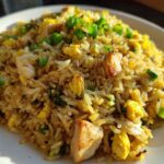 A close-up of a plate piled high with Gluten-Free Lemon Pepper Fried Rice featuring chunks of chicken and scrambled egg, topped with green onions.