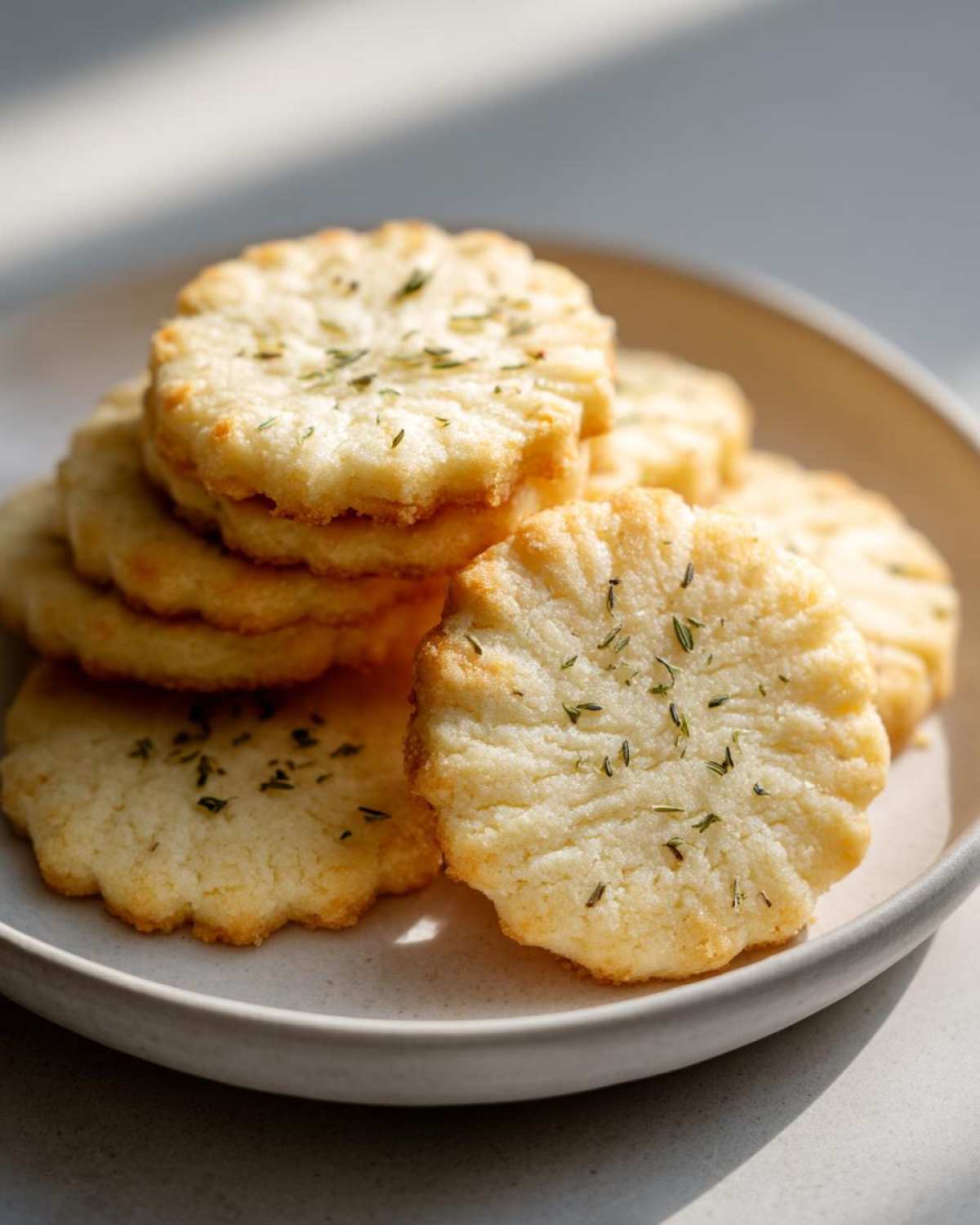 A stack of round, scalloped Gluten-Free Lemon Thyme Shortbread Cookies sprinkled with dried herbs on a light plate.