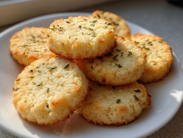 A stack of golden Gluten-Free Lemon Thyme Shortbread Cookies sprinkled with dried herbs on a white plate.